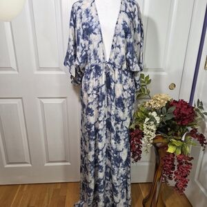 Aakaa Navy and Cream Tie-Dye Dress Cover Up Kimono Style Sz M Open Front